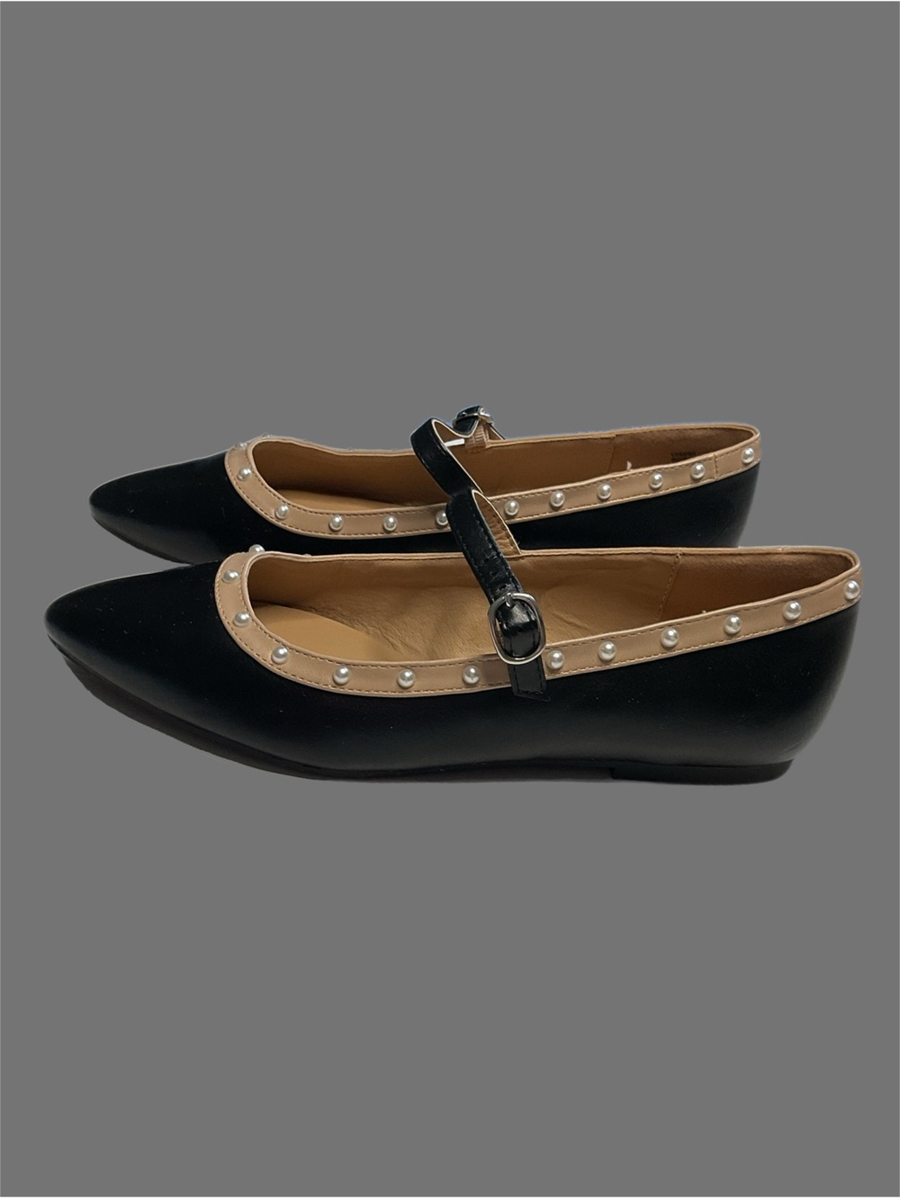 Michael Shannons Rosalina 9 Black & Taupe Pearl studded MaryJane Flats Like new